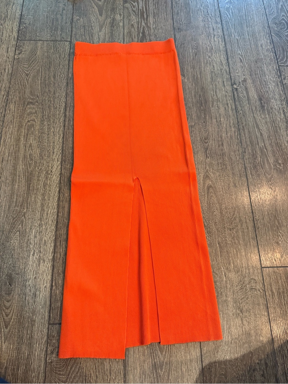 Bright Orange Ribbed Maxi Skirt with Front Slit